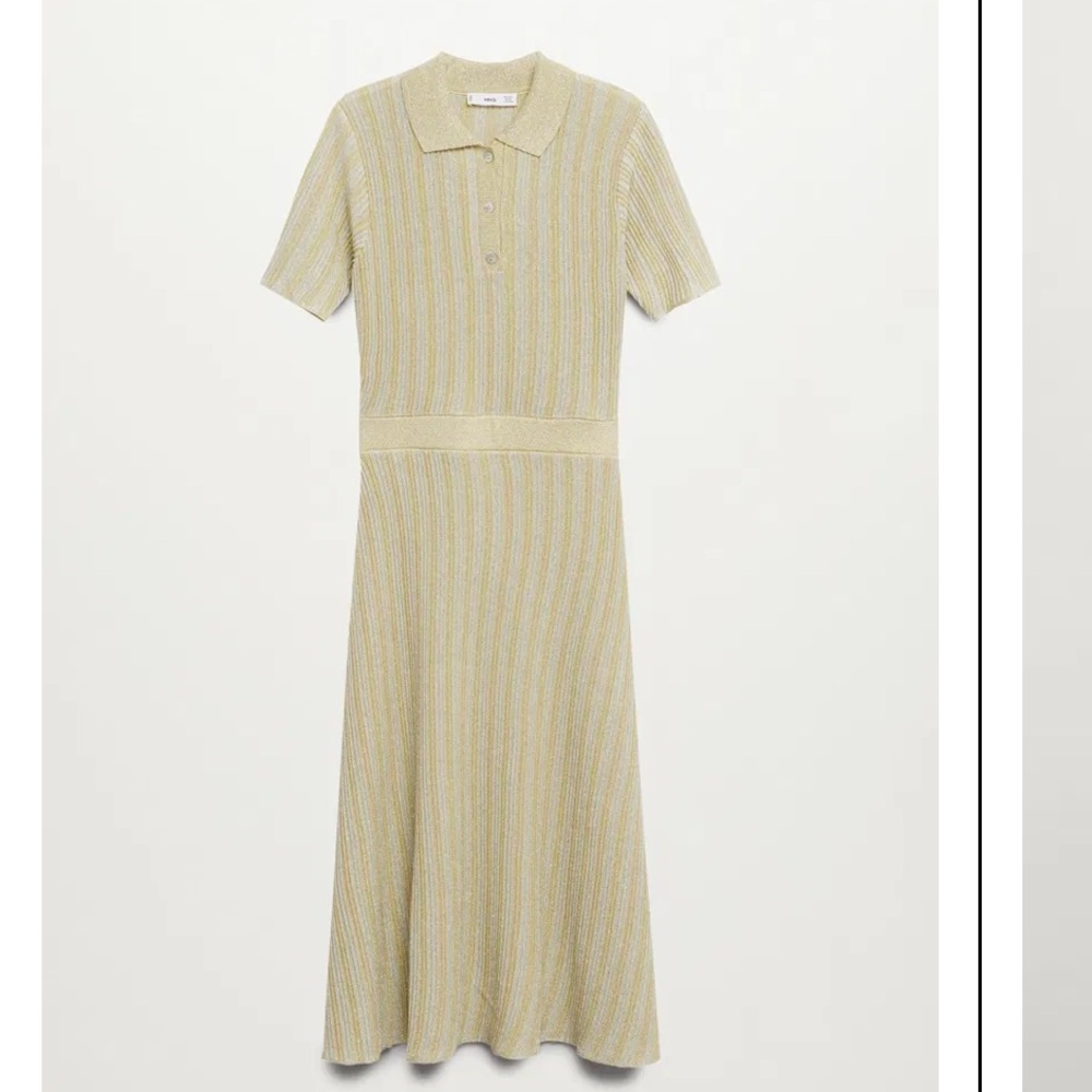 Mango Gold Striped Knit Polo Midi Dress  S Elegant Collared Short Sleeve Dress